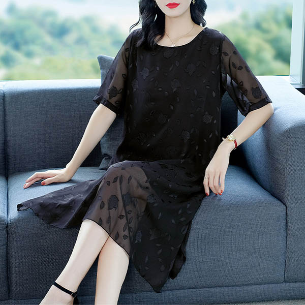 ワンピース 黒2L即納 ネイビー 赤 L 2L 3L 4L 大きいサイズ 半袖 袖あり SZLN-35026 レディース シースルー 花柄 ミモレ丈 裏地ミニ