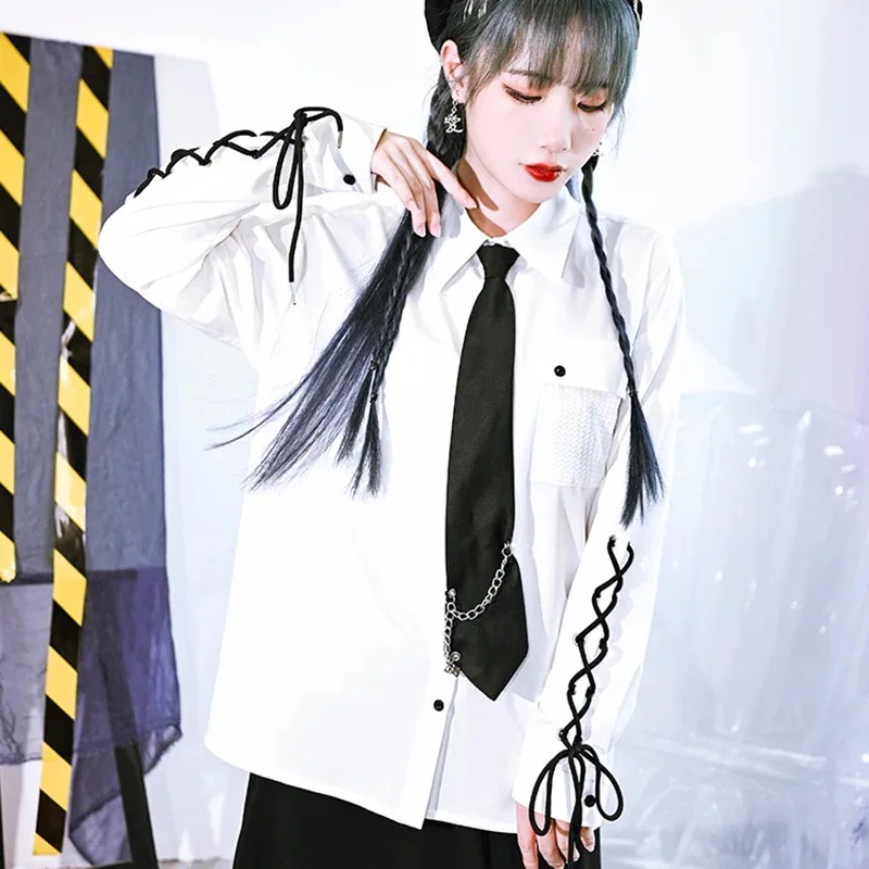ユニセックスシャツ カッコイイ服 レディース 黒 白 レースアップトップス ネクタイ ストリート系ファッション