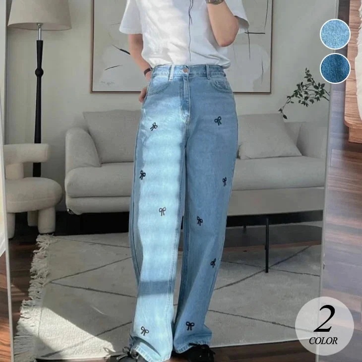リボン柄 デニム パンツ レディース ジーンズ デニムパンツ リボンデニム ジーパン カジュアル 可愛い お洒落 ハイウエスト ボトムス 綿 コットン ブルー 韓国ファッション
