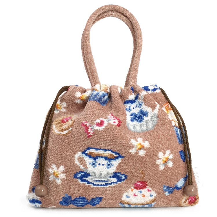 フェイラー FEILER 手付き巾着バッグ ハンドバッグ　スウィートトリート ベージュ　カフェ紅茶お菓子 2025新作