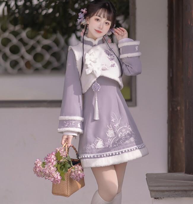 【TikTok人気新品】漢元素 ロリータ服 秋冬 厚手中華服 長袖チャイナ服 もこもこ ベスト リボン付き 兎刺繍柄 改良版漢服 可愛い 古ロリータ服 文化祭 学園祭 イベント コスプレ 撮影衣装 パ