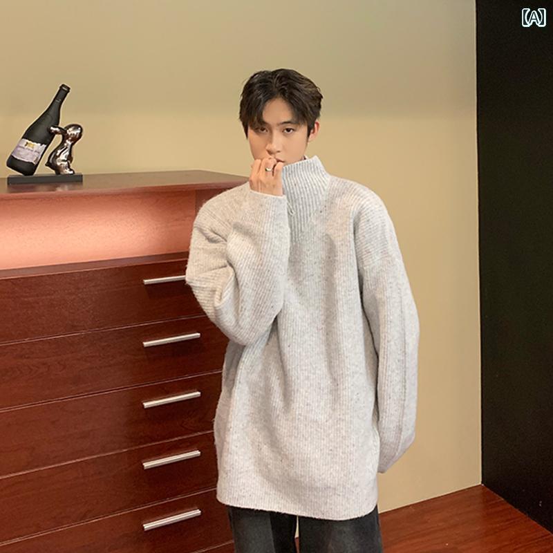 メンズ 冬 カップル 着用 ジッパー タートルネックセーター 厚手 暖かい インナー セーター プルオーバー 服