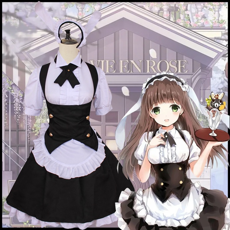 日系 白黒 メイド服 小ウサギ 耳 燕尾 ワンピース かわいい Lolita チュチュ