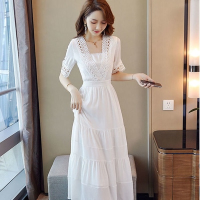 ワンピース デート フレアワンピース ミモレ ミモレ丈 袖あり 半袖 夏 10代 20代 30代 個性的 ホワイト イエロー ブルー S M L XL 2XL 3XL 4XL シック こなれ感 ロング