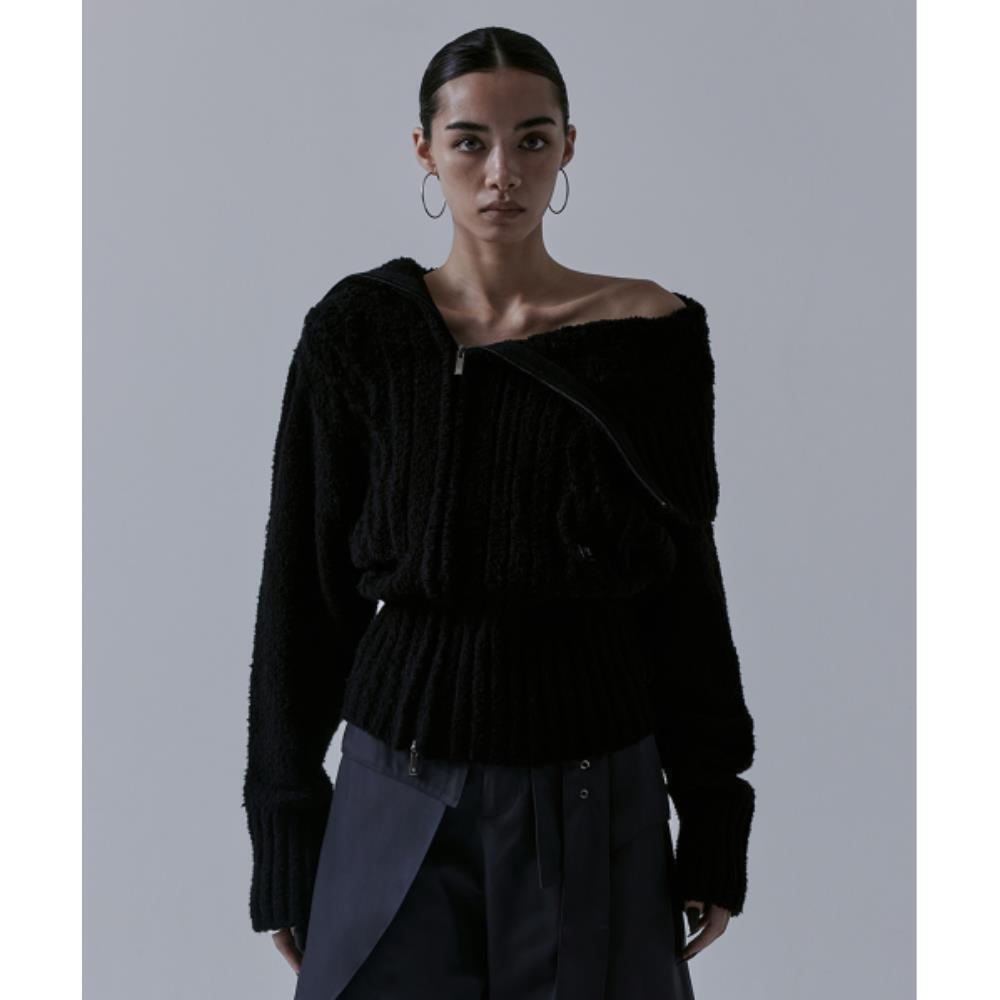 TREEMINGBIRD 2way Unbalance Offshoulder Knit Zipup Blac