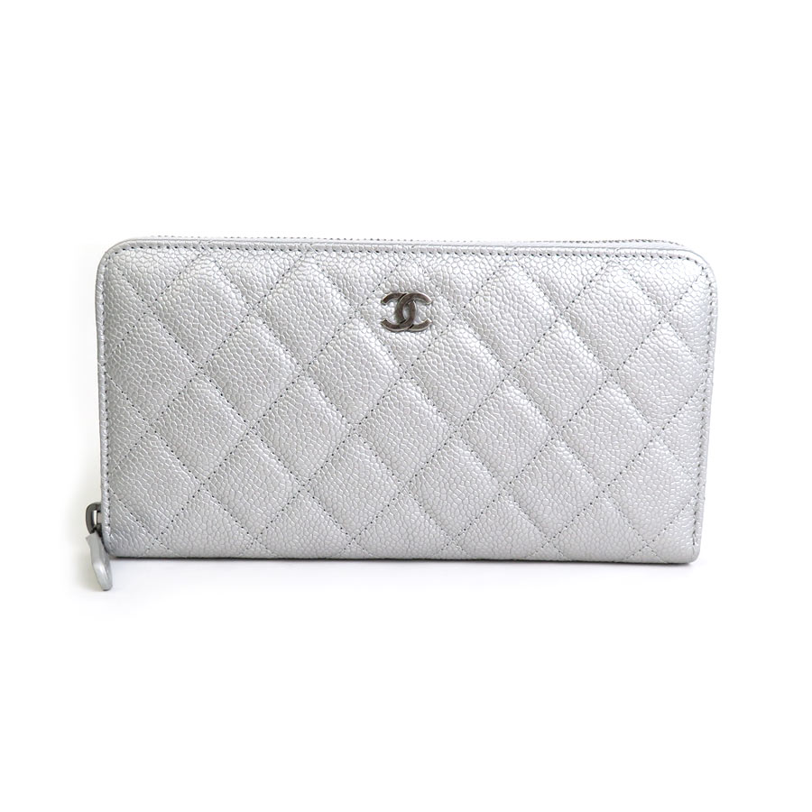 シャネル CHANEL ラウンドファスナー長財布 マトラッセ キャビアスキンレザー シルバー ユニセックス 99783g