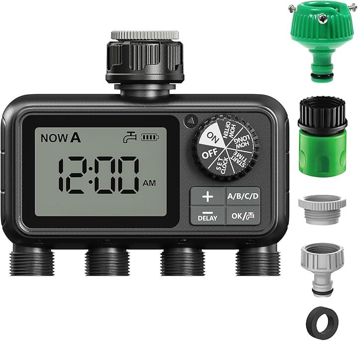 自動散水タイマー 散水ホース 4アウトレット 植物灌水 散水システム 散水用具 灌漑システム 給水 観葉植物 室内 鉢植え給水 子供ロック(ブラック, 小)