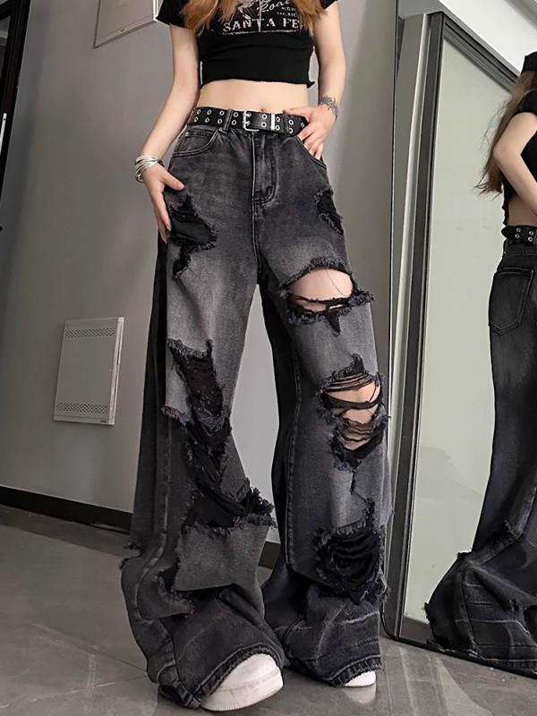 デニムパンツ レディース ズボン アメリカン ブラック グレー Y2K ジーンズ 女性用 春秋 がっつり ダメージ加工 ハイウエスト サブカル ギャル ワイド レッグ 太め ゆったり 映え 大きめ