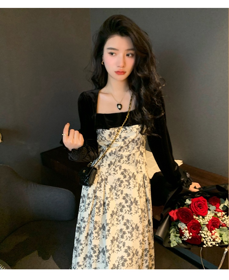 ランス レトロ ゴールド ベルベット ドレス 女性 秋 冬 コーデュロイ 花柄 ロング スカート フランス ドレス ＳＭ L かわいい 大人可愛い きれいめ シンプル カジュアル 大人 上品 おしゃれ