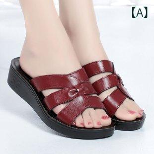 一字サンダル レディース 中高年女性 平底 ソフト皮 夏 普段使い ストラップ ゴム底 PU内張り 軽量 快適 おしゃれ 単色 ワインレッド 黒 緑