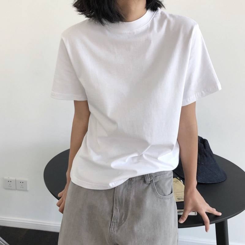 Tシャツ レディース トップス プルオーバー ミディアム丈 半袖 ドロップショルダー モックネック 襟付き プチハイネック きれいめ シンプル カジュアル 上品 おしゃれ こなれ感 メンズライク ボー