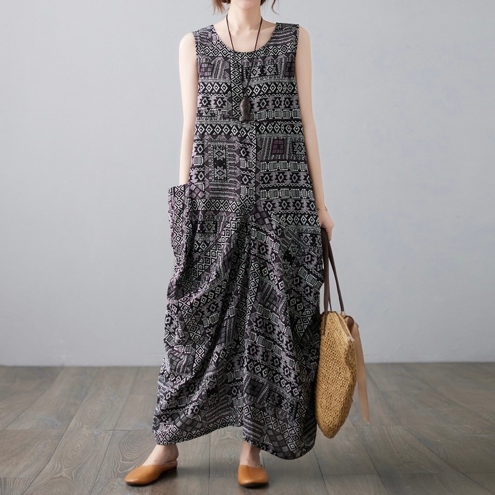 レディース ワンピース マキシワンピース ロング ノースリーブ コクーン ポケット 異国風 ギャザー 大人可愛い きれいめ カジュアル 上品 おしゃれ レトロ アジアン エスニック こなれ感 ラフ