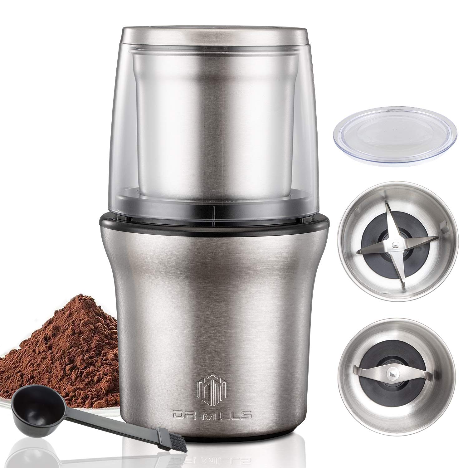 DR MILLS DM-7412M 電動ドライスパイス&コーヒーグラインダーグラインダー&チョッパー取り外し可能なカップ水洗い可能ブレードカップともにSUS304ステンレス製