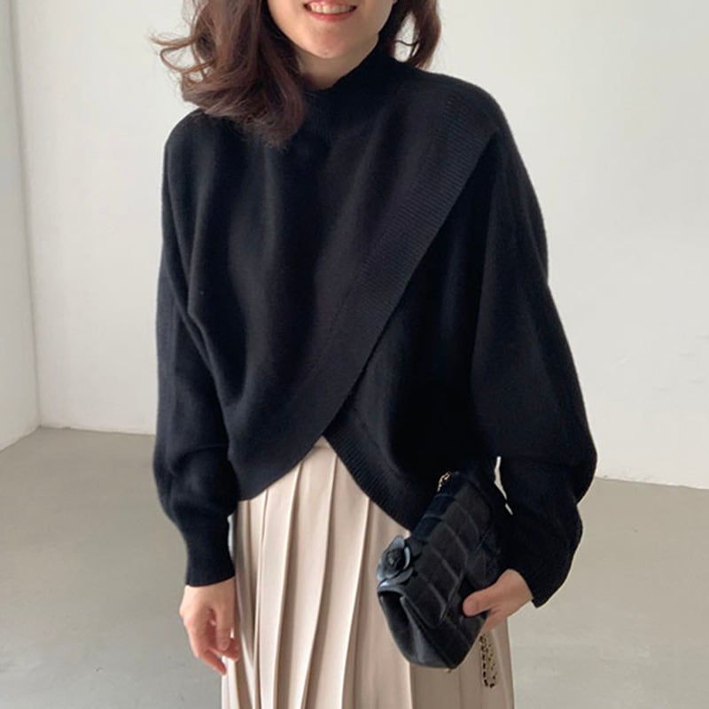 2color レディース フロントクロスデザインニット 変形デザインニット セーター 18