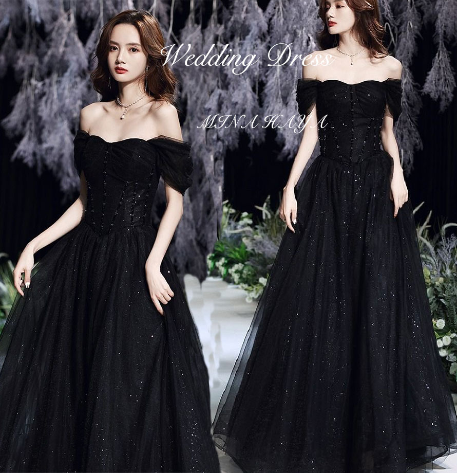 ウェディングドレス オフショルダー 可愛い 黒ドレス カラードレス 花嫁ドレス パーティードレス Aライン フォトウェディング 演奏会 コンクール 舞台 ピアノ 成人式 花嫁 ロングドレス 前