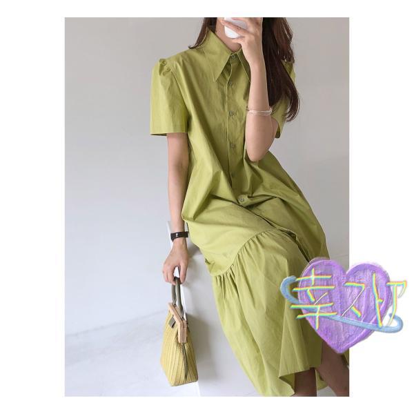 ワンピース 夏 ロング丈 半袖 パフスリーブ マーメイド シャツ マキシ おしゃれ 着痩せ レディース パープル 30代 40代 50代 50代 キレイめ