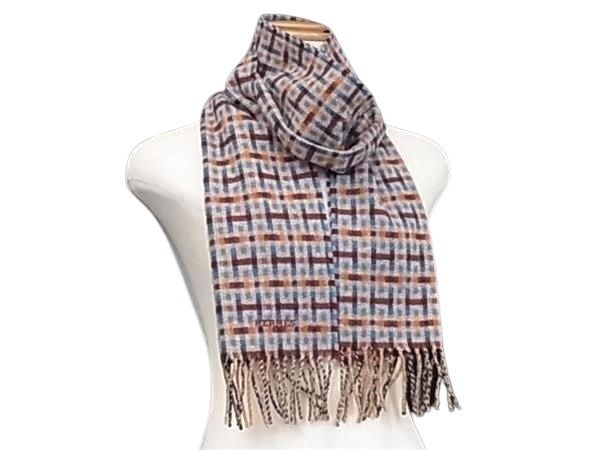 マフラー Hエコセ H Ecosse カシミヤ100% - 総柄 フリンジ ボルドー系×マルチカラー ブランド 高級 人気【本物保証】
