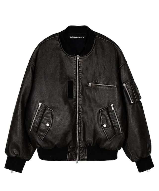 MULTI ZIPPER BOMBER LEATHER JACKET [BLACK]
