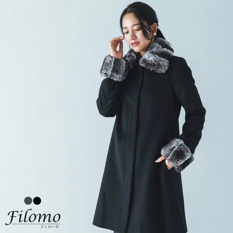 カシミヤ100% チンチラトリムコート レディース Filomo filomo カシミヤ コート ステンカラーコート 冬 カシミヤコート ステンカラー ブランド 上品 冠婚葬祭 フォーマル アウター