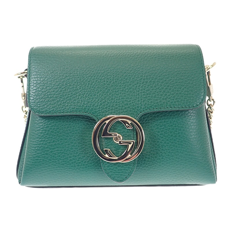 インターロッキングG 607720 ショルダーバッグ カーフ グリーン レディース カジュアル 旅行 美品 ギフト【Aランク】