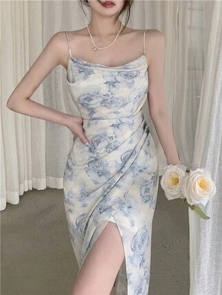 ワンピース レディース　キャミソール ドレス スリット ミモレ丈 タイト ドレープ フラワー ロングシーズン エレガント かわいい おしゃれ 主役級 結婚式 パーティ イベント オルチャン ブルー