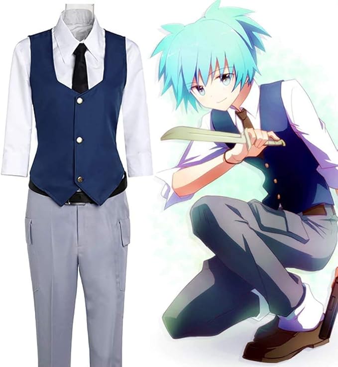 潮田渚コスプレ衣装5点セット 青ベスト ネクタイ ワイシャツ 長ズボン 潮田渚 コスプレ衣装 暗殺教室 ハロウィンコスチューム 大人 ユニセックス 男女通用