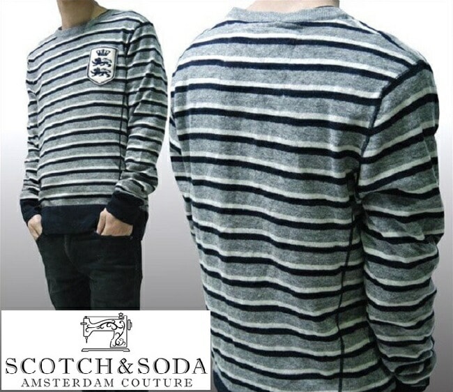 スコッチ&ソーダ スコッチアンドソーダ scotch&soda メンズ 長袖 クルーネック ニット セーター ボーダー グレー ネイビー ホワイト トップス カジュアル サーフ セレブ ストリート ヨ