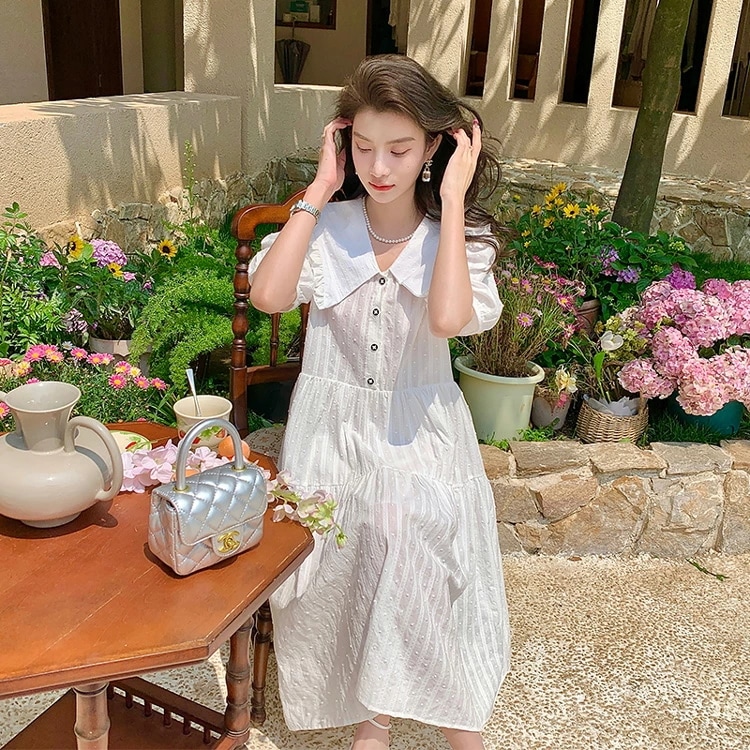 Aラインワンピース セーラーカラー フリル ボリューム袖 半袖 フレア 白 ワンピース リゾートワンピ ロングワンピ ミディアム丈 膝下 ミモレ丈 ガーリー フェミニン おしゃれ 体型カバー お出かけ