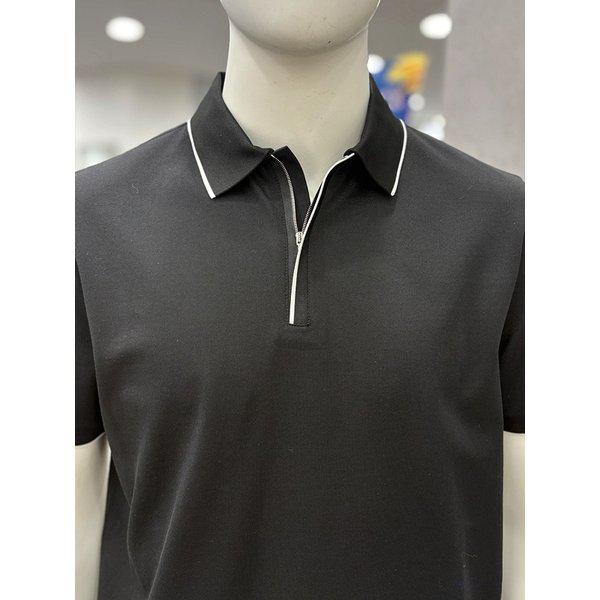 メンズ夏半袖ブラックカラーコットンシルク混紡ウォッシャブルジップアップポロカラーネックTシャツ_JK