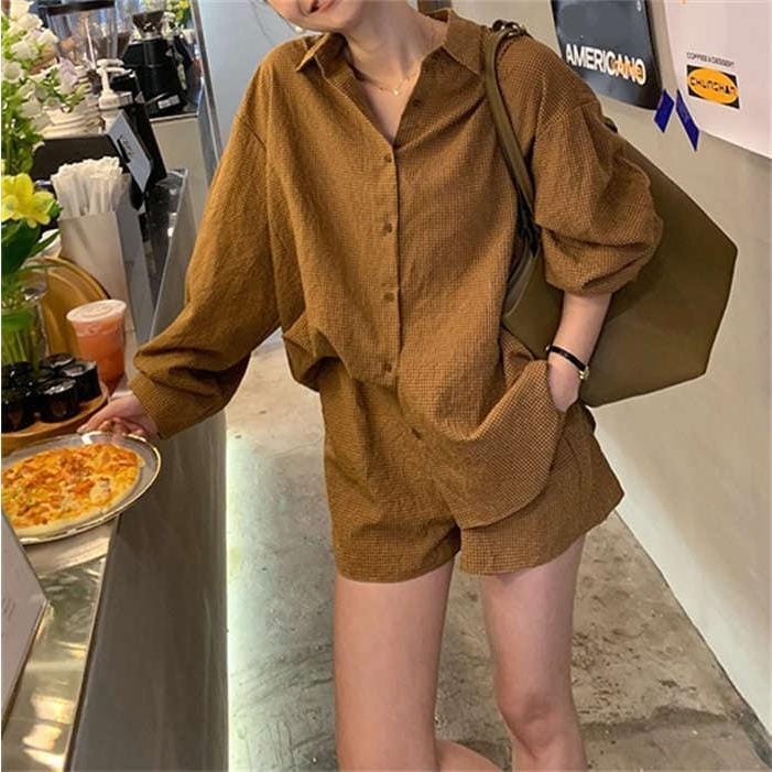 セットアップ レディース カジュアル きれいめ 夏 春 ショートパンツ ショーツ シャツ ロングシャツ チェック柄 長袖 薄手 涼しい UVカット 上下セット