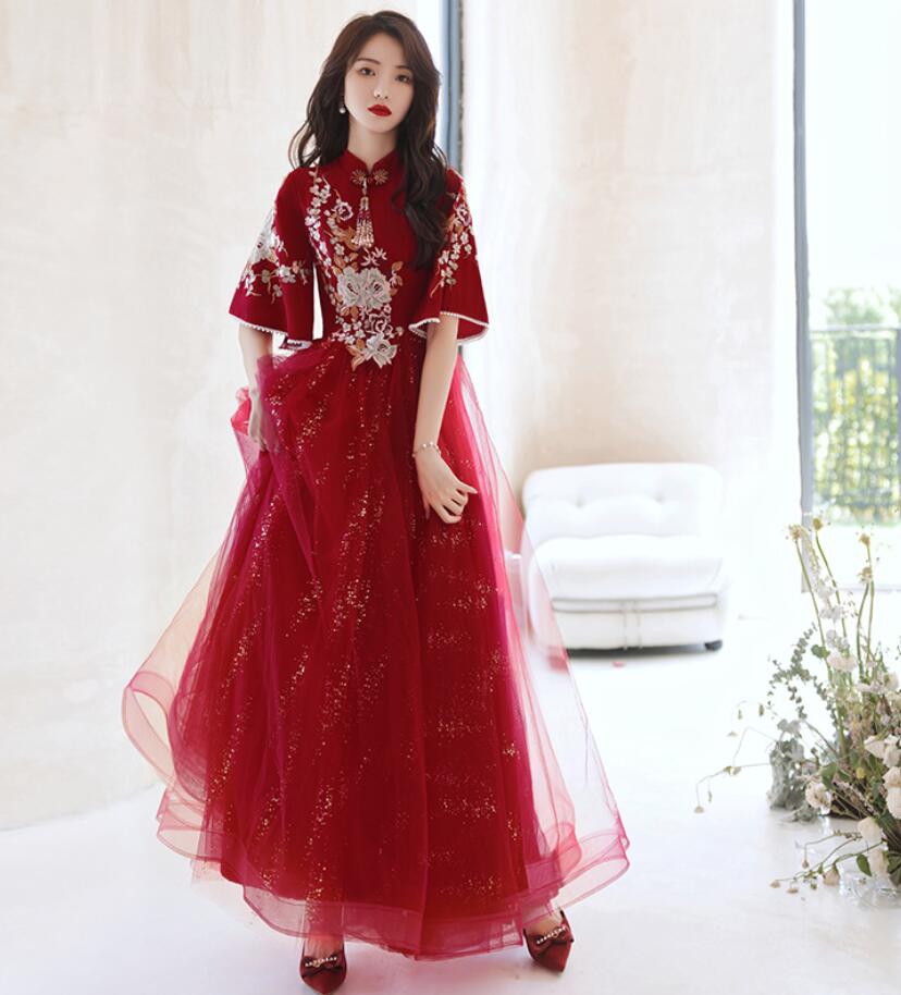 ロング チャイナドレス パーティードレス 五分袖 袖フリル チャイナカラー 花 立体花柄 チュチュドレス スパンコール 二次会 お呼ばれ 同窓会 宴会 ドレス チャイナ風 結婚式 ウェディングドレス 5,350円