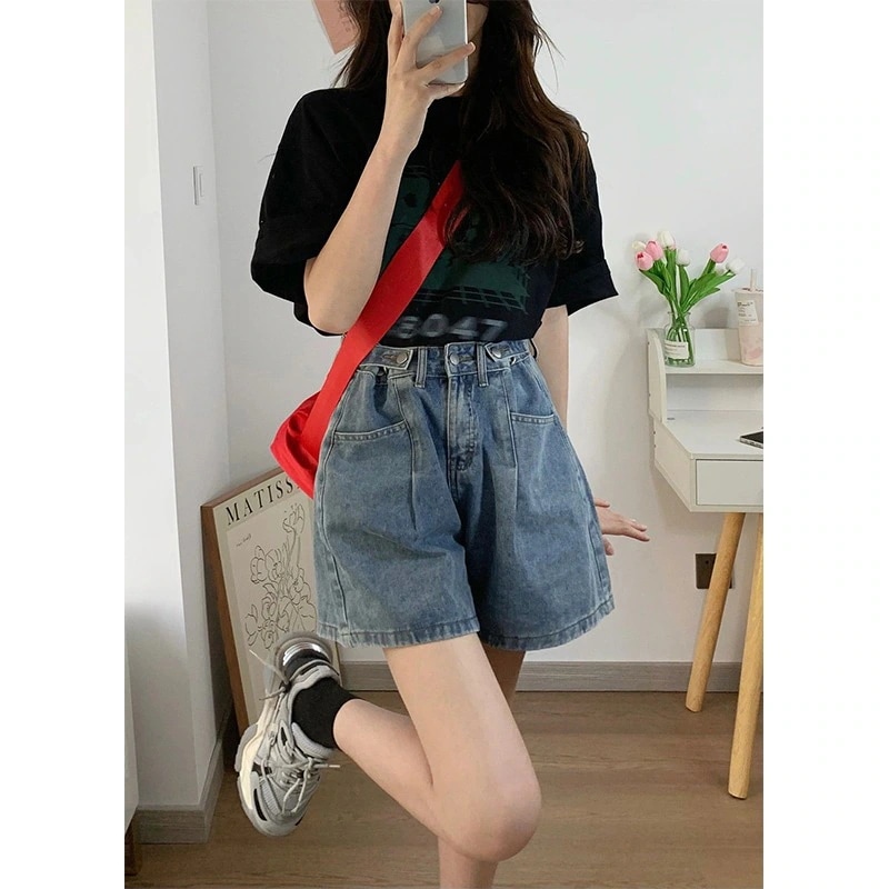 ハイウエスト デニム ショートパンツ レディース 2024春夏 薄手 大きいサイズ ゆったり 着痩せ 梨地体型 Aライン ワイド 5分パンツ