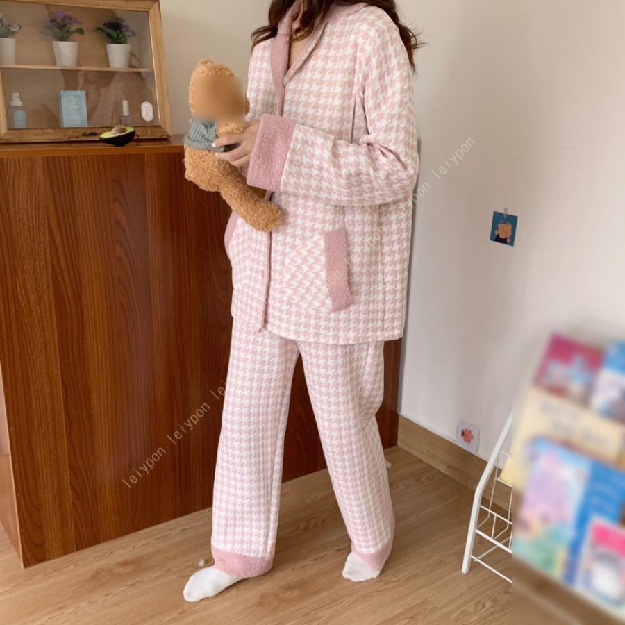パジャマ レディース 暖か もこもこ ふわふわ 柔らかい ボア生地 かわいい ナチュラル ガーリー 無地 前開き 長袖 長ズボン 女性用 婦人 上下セット 衿付き