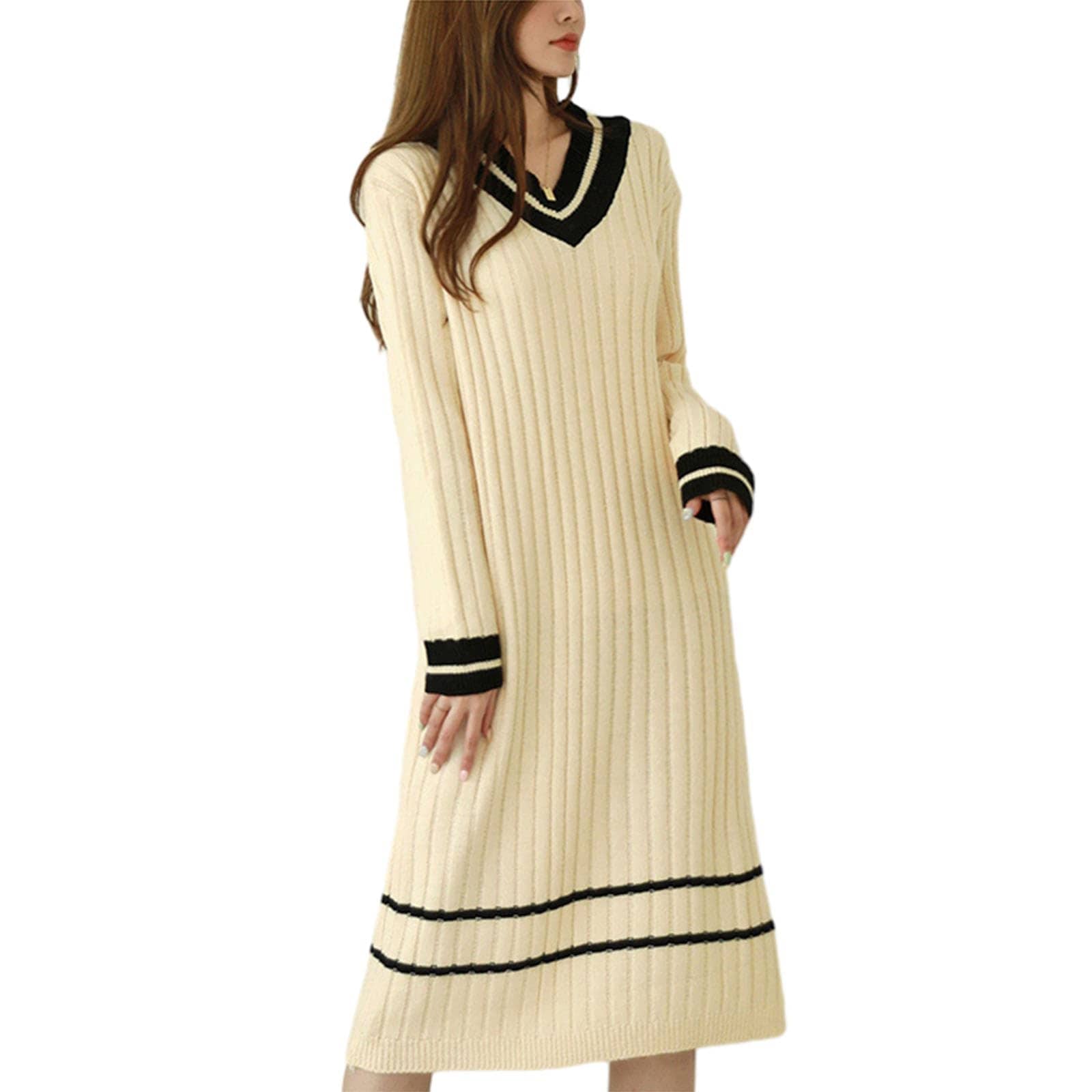[MaadeaNoeTe] ニットワンピース レディース セーター ワンピース ロングワンピース リブ Vネック 長袖 無地 厚手 暖かい 着痩せ キレイめ ゆったり だるい風 大人スタイル 体型カバ