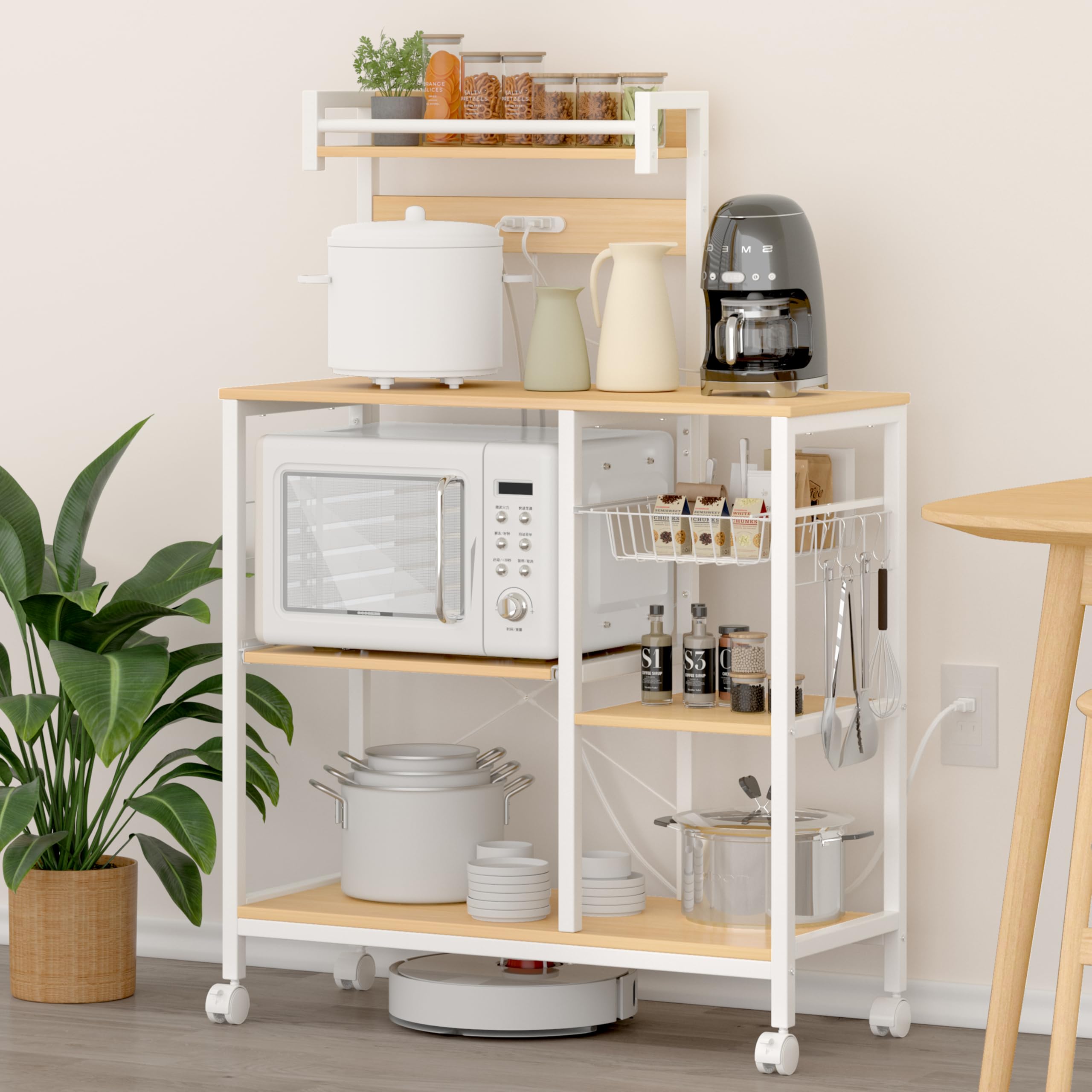 LunarLight キッチンベイカーラック 幅90奥行39高さ133.5cm キッチンラック レンジラック オープンラック プリンタ台 2口コンセント付き レールでスライド式棚板 総耐荷重100kg