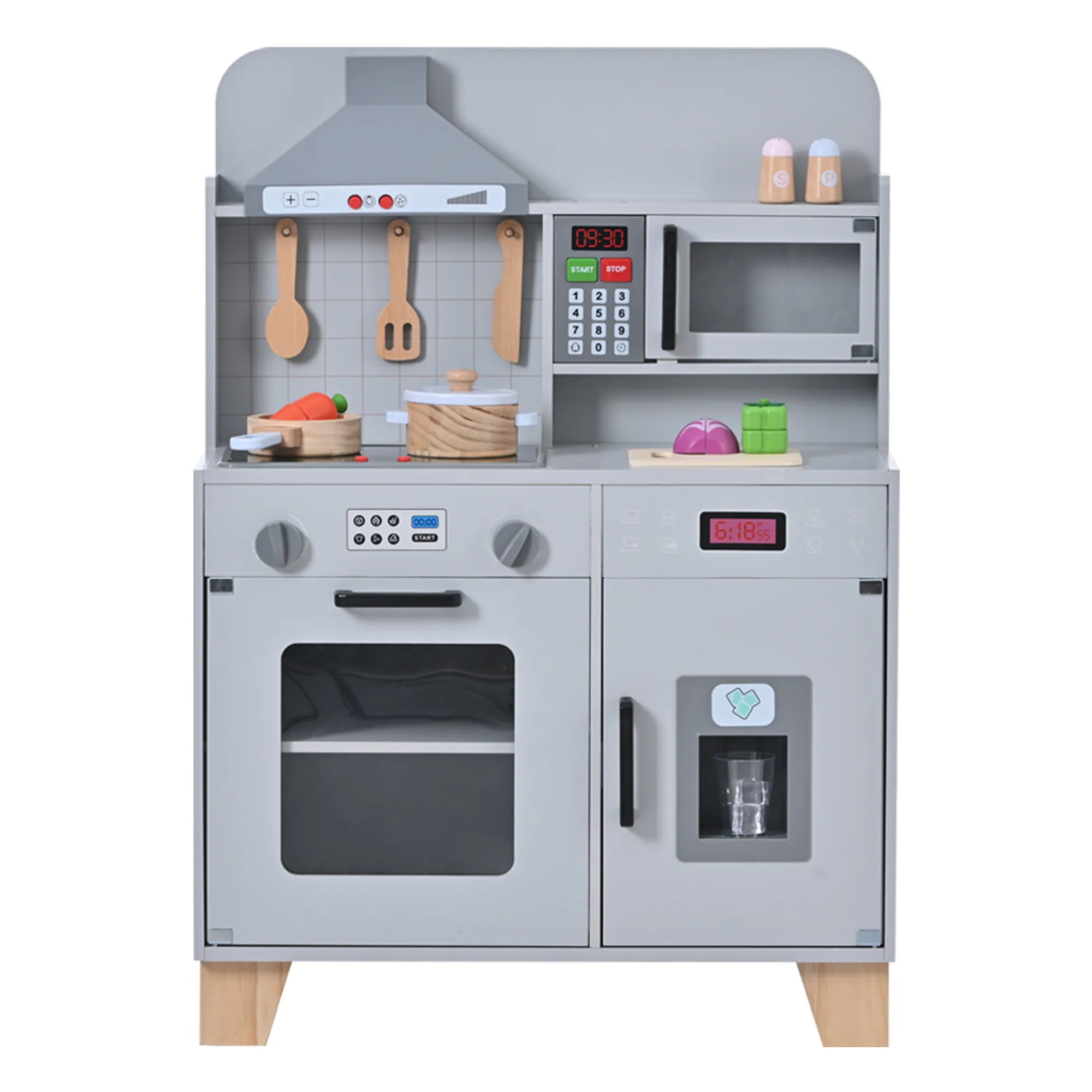 おままごと キッチン 木製 台所 ライト付き 音が鳴る 製氷機 調理器具付き 調味料 食材 野菜 知育玩具 コンロ 電子レンジ 家事 おもちゃ キッズ ベビー 誕生日 プレゼント【グレー】