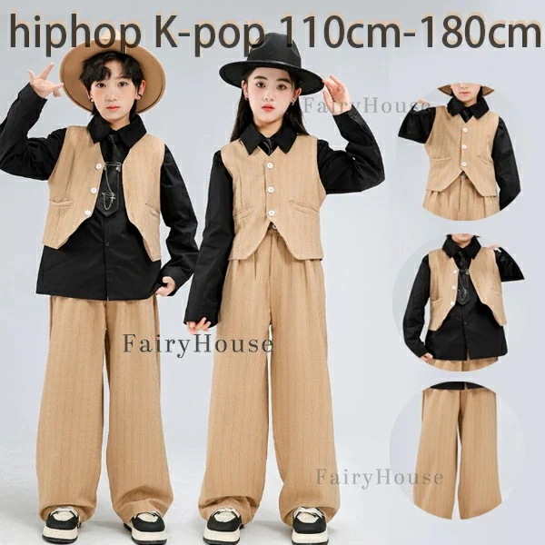 2026新品キッズ ダンス衣装 子供スーツ 男女兼用 演出服 hiphop 舞台 団体服 練習着 原宿系 韓国 子供服 ダンス服 女の子 男の子 スーツベスト 黒シャツ ズボン ネクタイ 上下セット