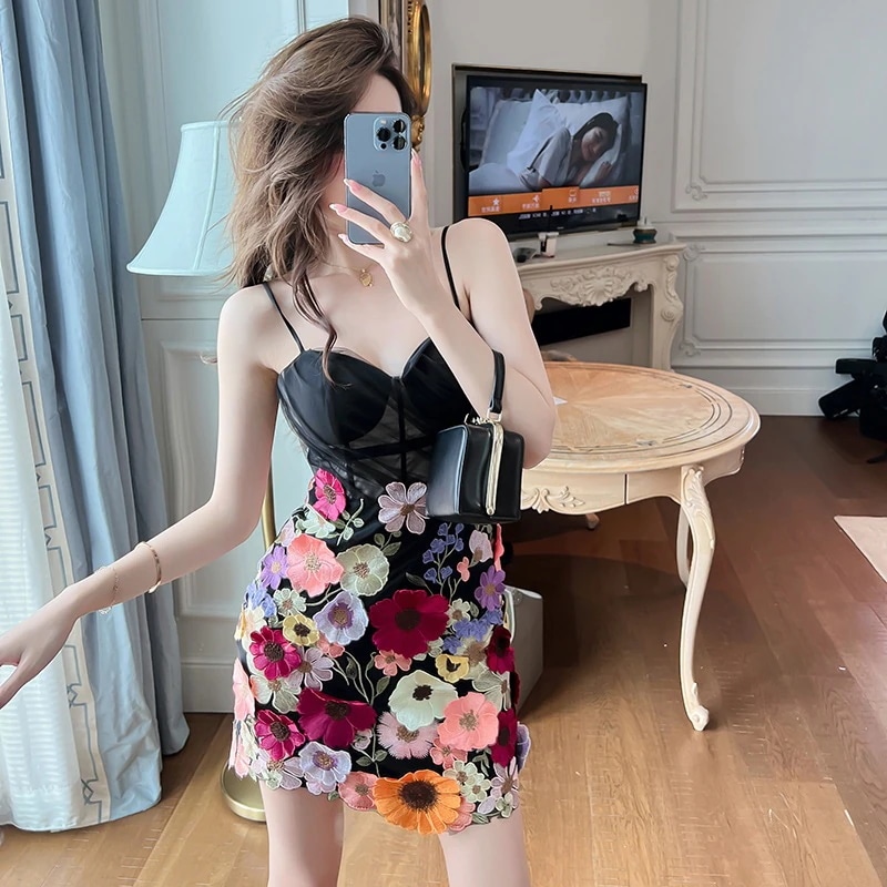 新款 夏 キャミワンピース ショート 花 チュールドッキング ドレス パーティー 着痩せ 大人 お呼ばれ 同窓会 披露宴 卒業式 結婚式 ウェディング 二次会 成人式