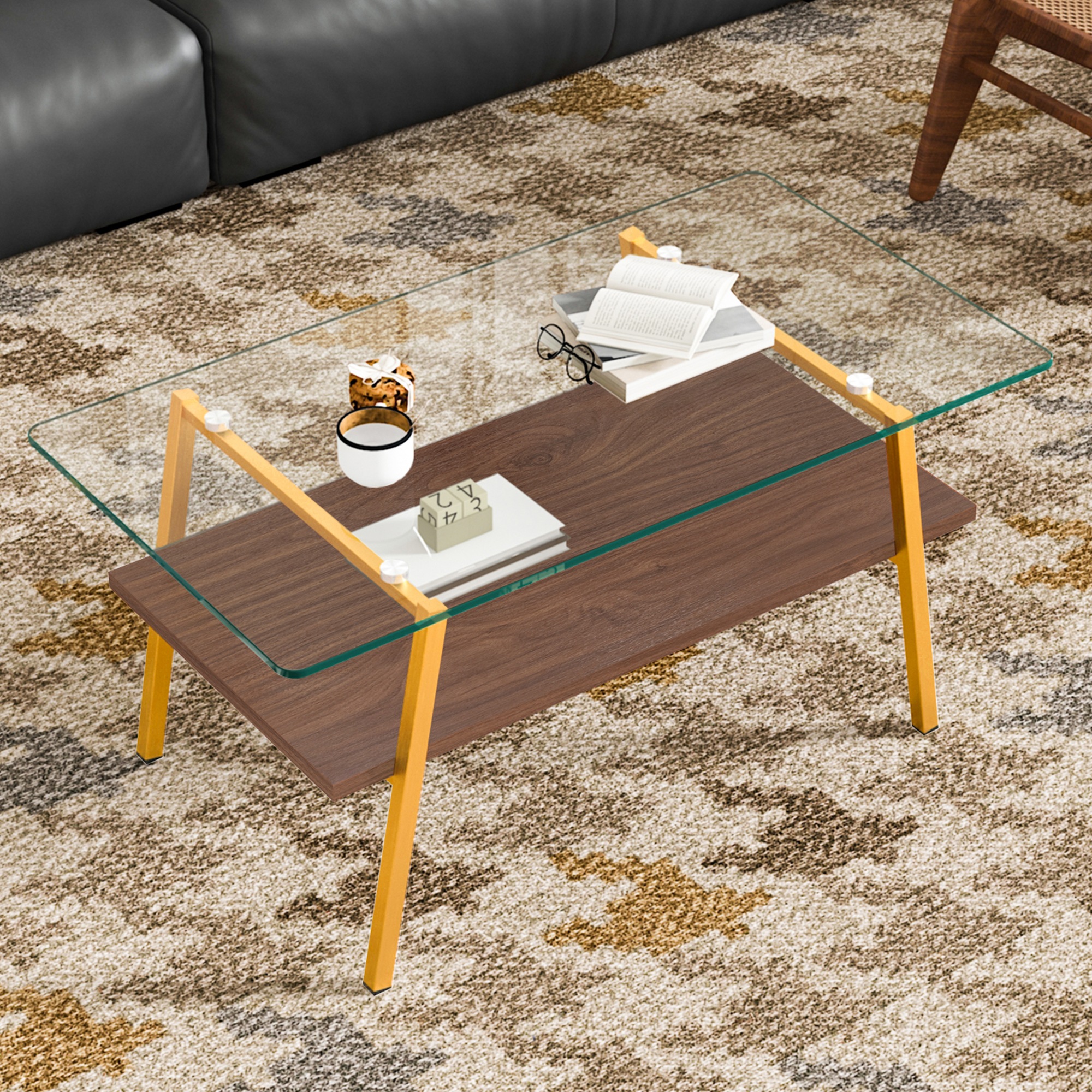国内発送】モダン長方形コーヒーテーブル + 強化ガラス天板 リビング用