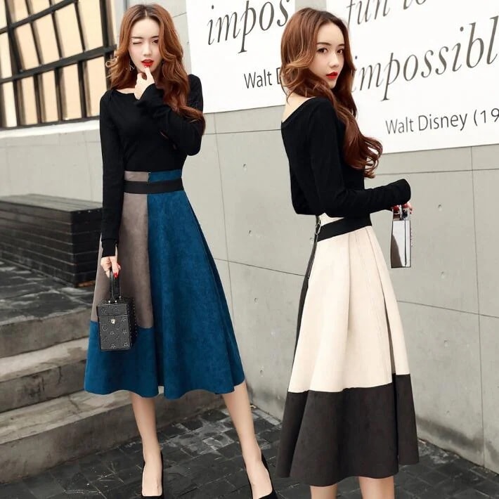 2点セット　セットアップ　カットソー　Tシャツ　スカート　フレアスカート　フリル　揺れる　長袖　ロング　トップス　ボトムス　ロング　ミディアム　体型カバー　　オーバーサイズ　大きいサイズ　オシャレ　フ