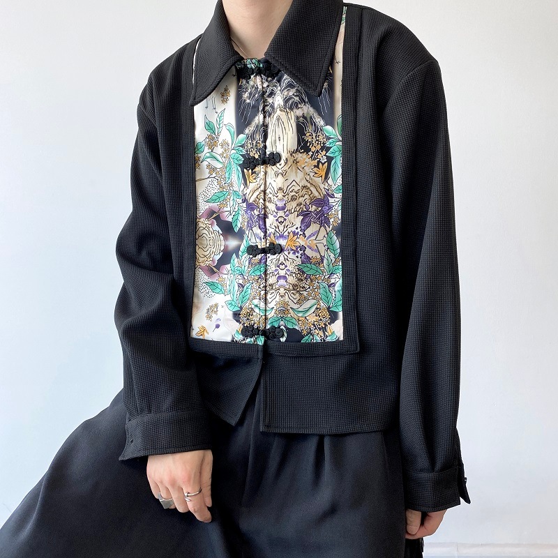 チャイナ風シャツ 長袖 メンズ シンプル 柄シャツ レディース ブラック 男女兼用 四季通用