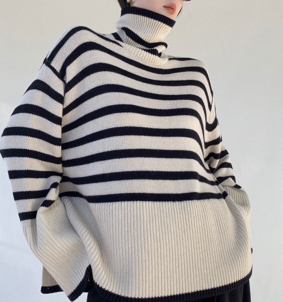 トップス レディース ニット セーター プルオーバー きれいめ 個性的 秋服 冬服 長袖 萌袖 ボリューム袖 タートルネック ハイネック でかシルエット オーバーサイズ ヴィンテージ アメカジ IN