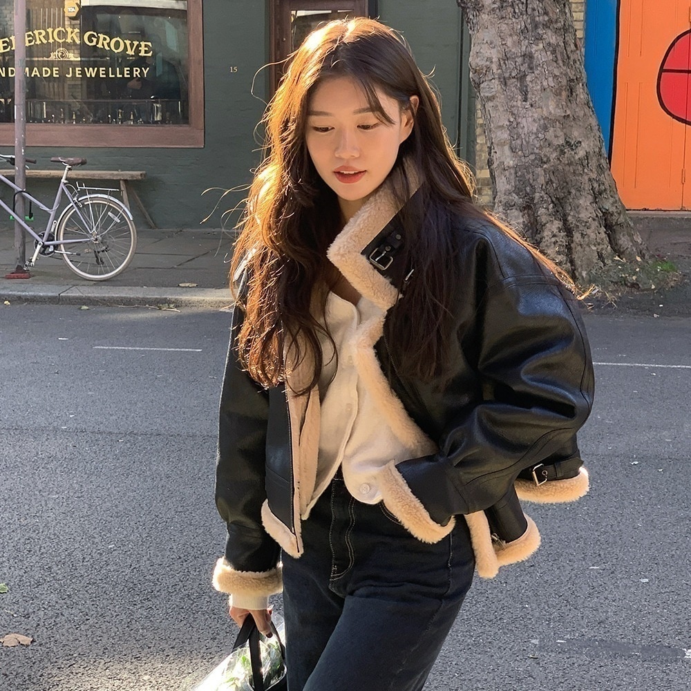 冬 クラシックファーレザー一体型 モーターサイクルロングスリーブアウター レディース フェイクファー