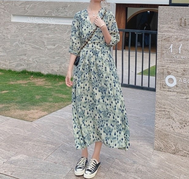 ワンピース シャツワンピース ロング ロング丈 マキシ マキシ丈 アンクル丈 袖あり 半袖 パフスリーブ Vネック Aラインワンピース 大人可愛い きれいめ おしゃれ お洒落 大人女子 こなれ感