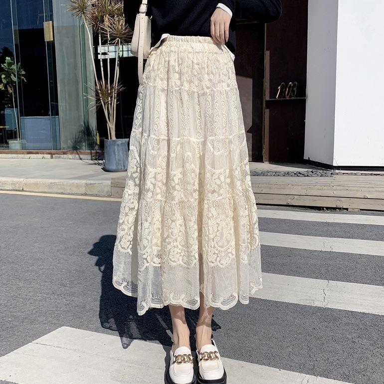 スカート レディース ロングスカート S M L 韓国 フレア チュール ティアード レース 花柄 切り替え パッチワーク ミモレ丈 Aライン かわいい 大人可愛い きれいめ フェミニン おしゃれ