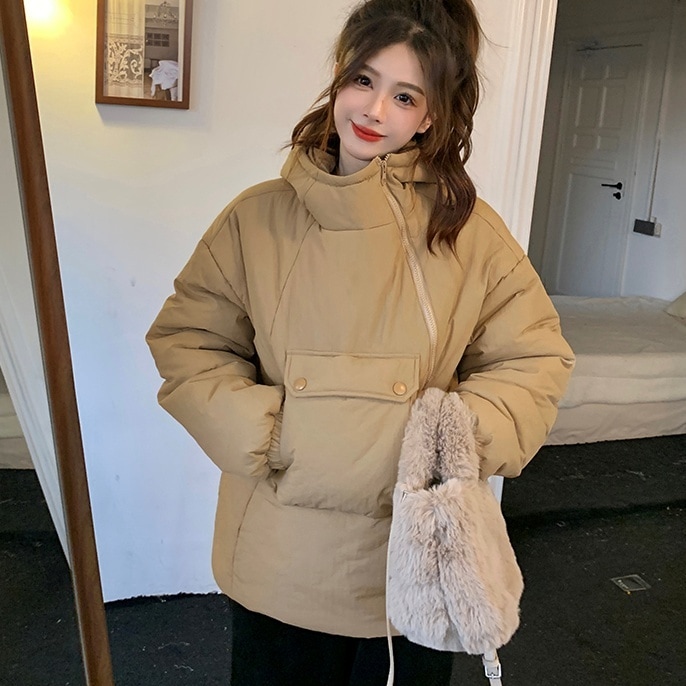 アウター レディース 中綿ジャケット 2カラー S M L XL 2XL 3XL 4XL 韓国 グリーン カーキ カラバリ スタンドネック 暖かい 防寒 長袖 ジャンパー パデットパーカー フード付き
