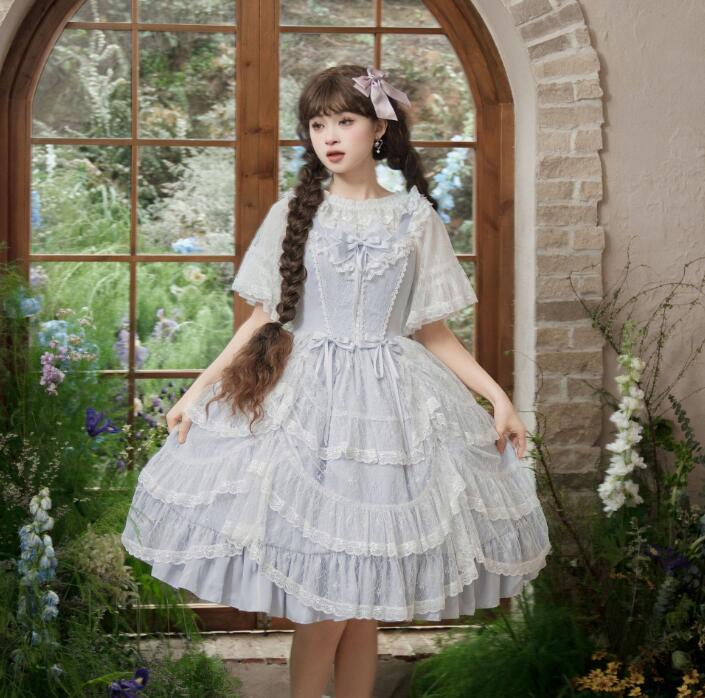 ロリータワンピース レディース　リボンレースキャミソールワンピース　豪華　メイドワンピース　ゴスロリ スカラップワンピース 萌え Lolita系　姫 重ね重ね キャミソールドレス ゴシック ロリータ