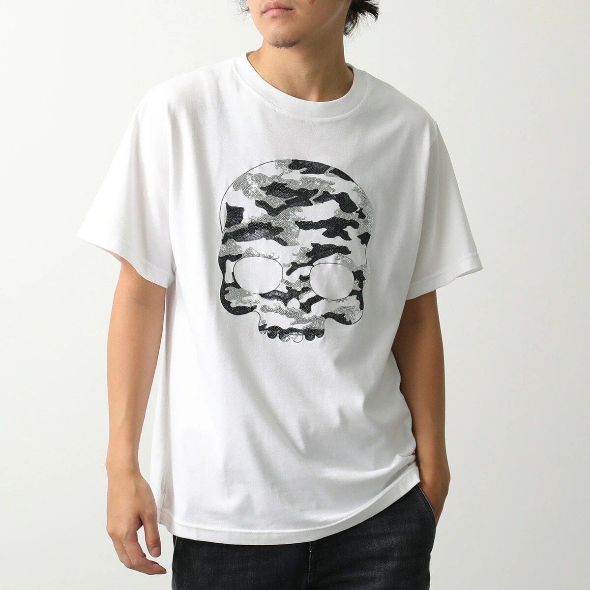 HYDROGEN ハイドロゲン Tシャツ HYD-SP03 メンズ 半袖 カットソー ドクロ スカル コットン クルーネック スパンコール ホワイト