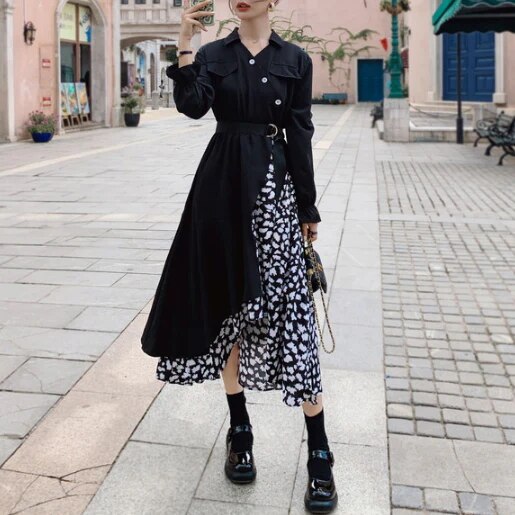 個性 不規則 デザイン 斜めボタン レイヤード プリントワンピース 個性ワンピース