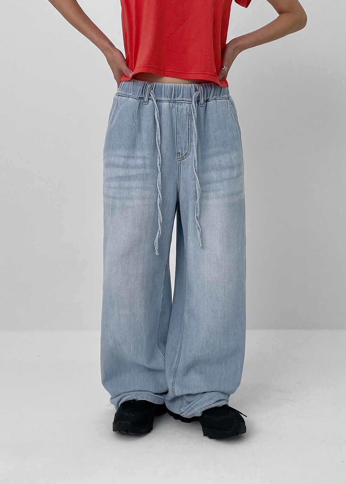 バイントサマーバンディングワイドデニムパンツ